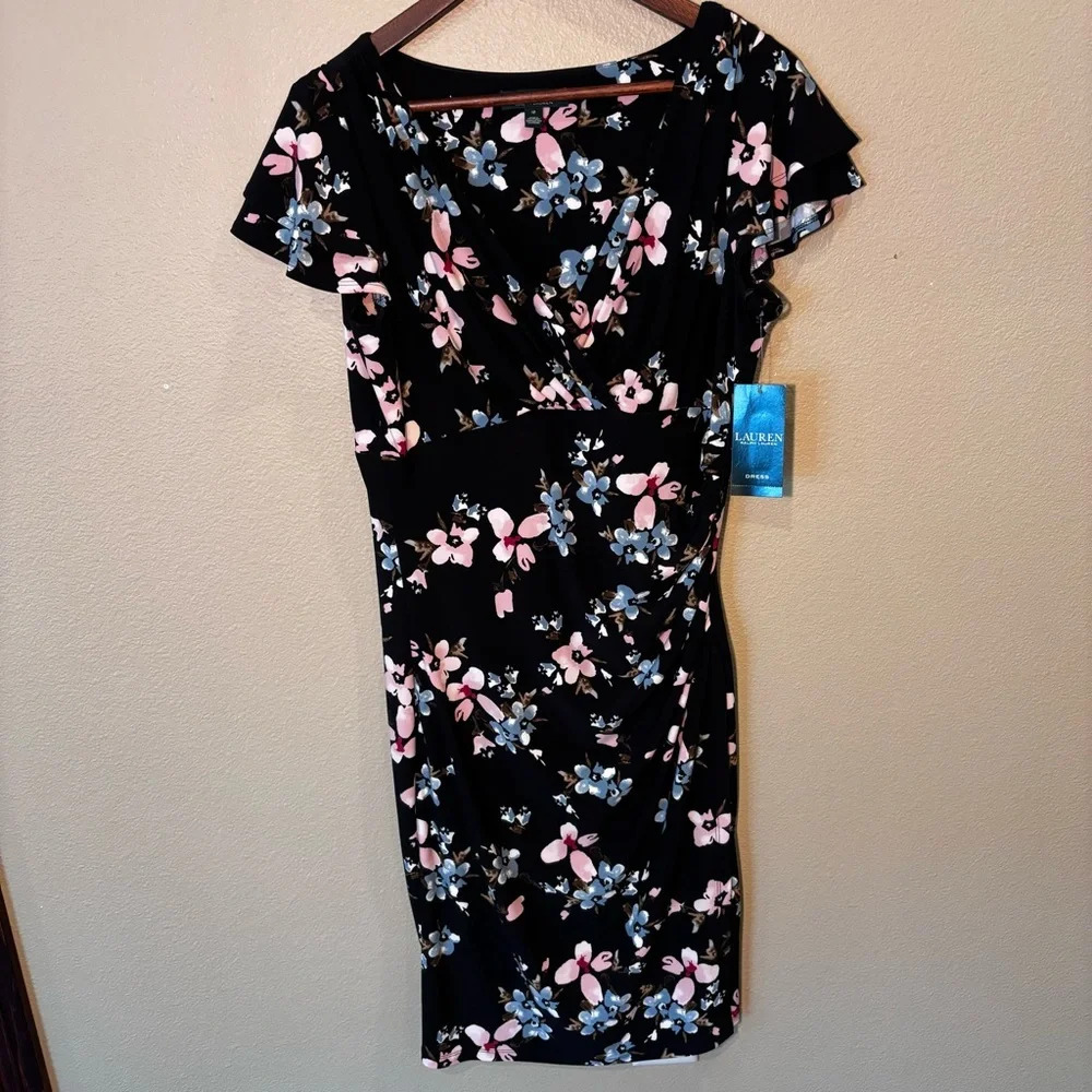 NWT Lauren Ralph Lauren Black Floral Surplice Sheath Dress, size 12, Office Wear